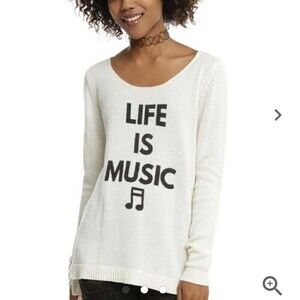 Hot Topic Ivory Cream Lace-Up Criss Cross Back Life Is Music Sweater Size Medium